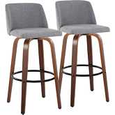 Toriano 30" Swivel Bar Stool in Walnut Wood & Grey Fabric with Black Footrest (Set of 2)